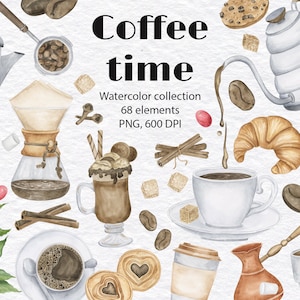May include: Watercolor illustration of coffee themed elements, including a coffee pot, coffee beans, a cup of coffee, a croissant, cinnamon sticks, sugar cubes, and a coffee grinder. The text "Coffee time" is written in black letters. The text "Watercolor collection 68 elements PNG, 600 DPI" is also included.
