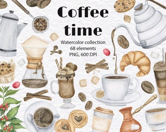 May include: Watercolor illustration of coffee themed elements, including a coffee pot, coffee beans, a cup of coffee, a croissant, cinnamon sticks, sugar cubes, and a coffee grinder. The text "Coffee time" is written in black letters. The text "Watercolor collection 68 elements PNG, 600 DPI" is also included.
