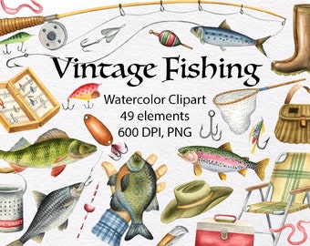 Fly fishing clipart. Watercolor clipart set. Trout fish. Vintage fisherman tools. Father's day illustration. Lures, floats, creel, rod