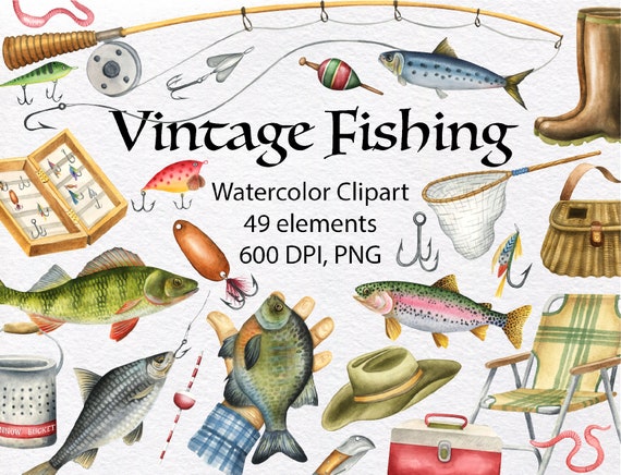 Fly Fishing Clipart. Watercolor Clipart Set. Trout Fish. Vintage