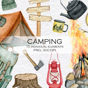 Acuarela Camping Clipart / Elementos dibujados a mano / Descanso en el bosque / Equipos de senderismo / Fogata / Descarga instantánea / 15 elementos/ png/ 300 dpi