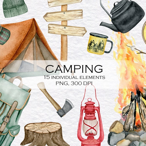 Watercolor Camping Clipart / Hand drawn Elements / Forest Rest/ Hiking Equipments / Campfire / Instant Download/ 15 elements/ png/ 300 dpi