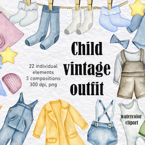 Vintage babykledingcollectie, outfit babyboho, aquarel clipart, babyshower kunst, handgetekende illustratie, instant download, png