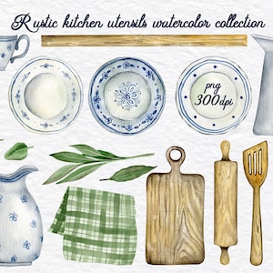 Watercolor Tableware Clipart / Rustic vintage  kitchen utensil / Kitchen Decor /  Commercial use/ Instant Download / PNG /  300 dpi