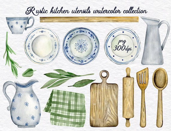 Aquarell Geschirr Clipart / rustikales vintage Utensil / Küchenutensilien / Kommerzielle Nutzung / Instant Download / PNG / 300 dpi