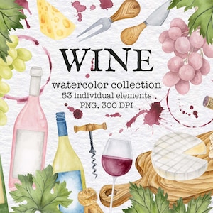 Aquarell Wein Clipart, Wein und Käse, Hochzeit Clipart, Weingläser, Rotwein, Weinberg, Weinflasche, Instant Download, PNG, 300 DPI