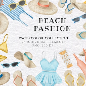 Clipart plage aquarelle, vacances d'été, mode plage, style plage, maillot de bain, bikini, chapeau de paille, lunettes de soleil, téléchargement immédiat, PNG, 300 dpi