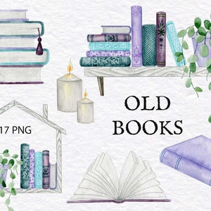 Clipart di libri d'epoca ad acquerello. Clipart del ritorno a scuola. Illustrazione di biblioteca. Arte disegnata a mano con libri d'epoca. Download immediato. PNG, 300 DPI.