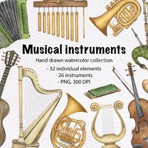 Musical instruments set. Watercolor clipart collection. Guitar, violin, drum, accordion, bagpipe, ukulele, kalimba, trumpet, harp. PNG files