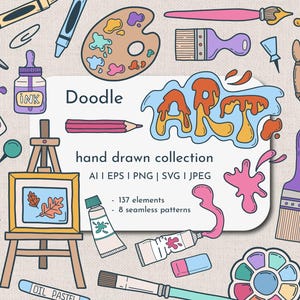 May include: A collection of hand-drawn art supplies, including paintbrushes, paint tubes, a wooden artist's mannequin, and a watercolor palette. The word "ART" is stylized in a doodle font. The image also includes the text "Doodle hand drawn collection".