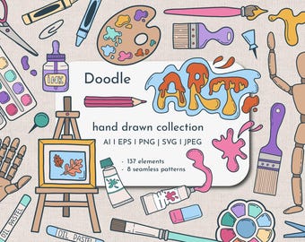 Kunst Lieferungen Doodle Hand gezeichnete Vektor-Sammlung. Umrissenes und koloriertes Künstler Werkzeug Set. Illustrationen der Kunstschule . PNG, SVG