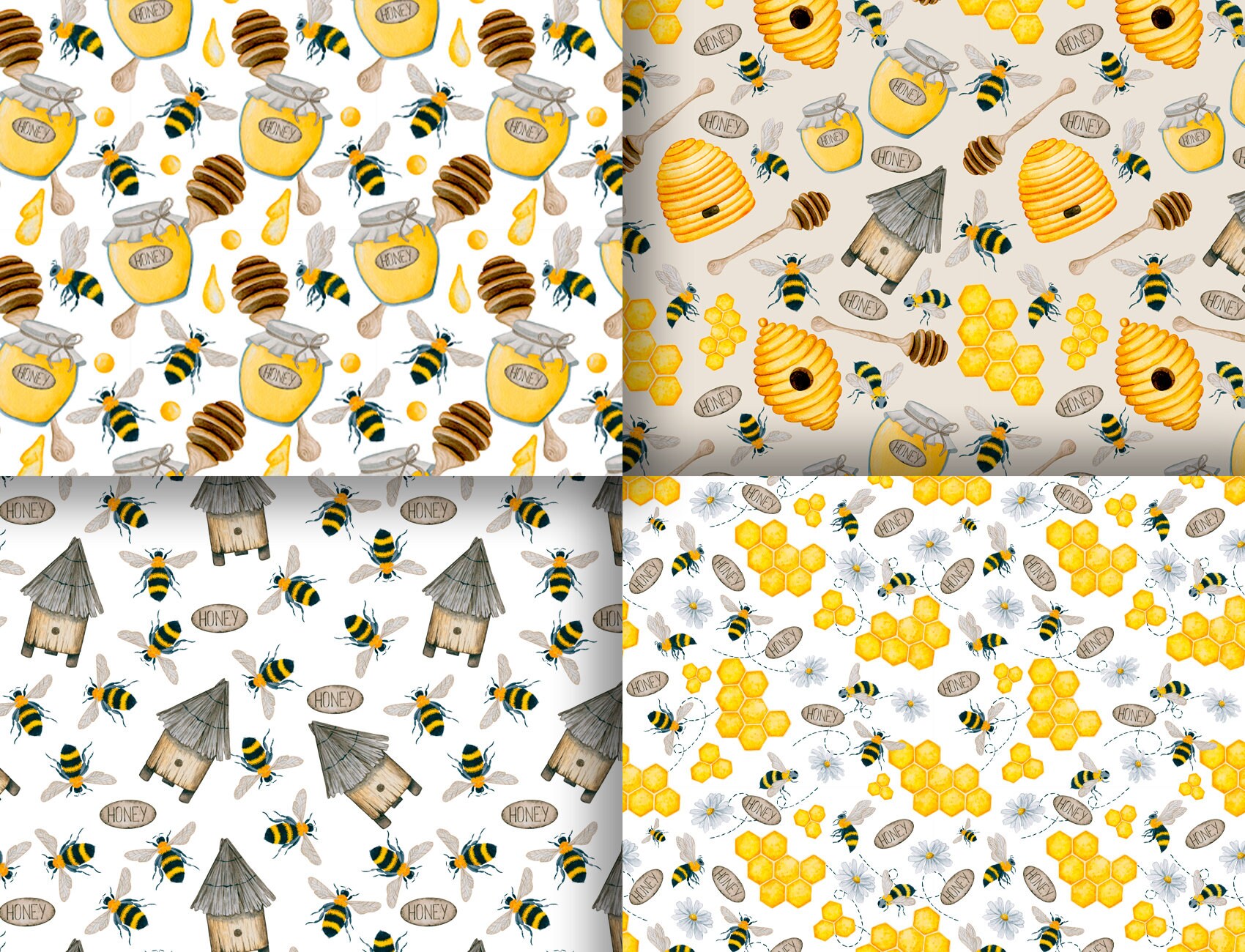 Honey and Bee Digital Paper. Watercolor Seamless Pattern, Scrapbook ...