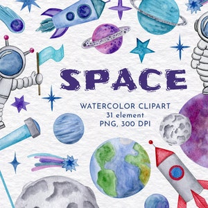 Watercolor space clipart. Little Astronaut clipart. Planets watercolor. Rocket, PNG. Instant download. Outer space clipart. 300 dpi