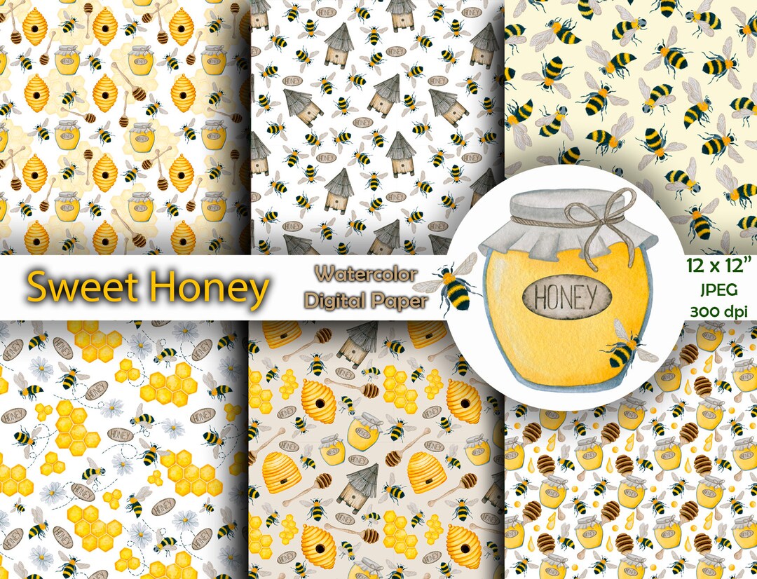 Honey and Bee Digital Paper. Watercolor Seamless Pattern, Scrapbook ...