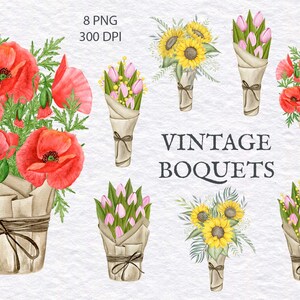 Vintage Blumensträuße Aquarell Clipart. Blumen Clipart. Mohnblumen-, Sonnenblumen- und Tulpenblumensträuße, Sofort-Download, PNG, 300 dpi