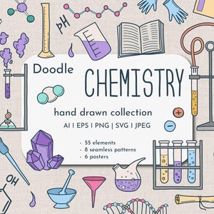 Puede incluir: Colección de doodles de química dibujados a mano. La imagen presenta varios equipos de laboratorio, incluyendo vasos de precipitados, tubos de ensayo y matraces, junto con estructuras moleculares y el texto "Doodle CHEMISTRY hand drawn collection".