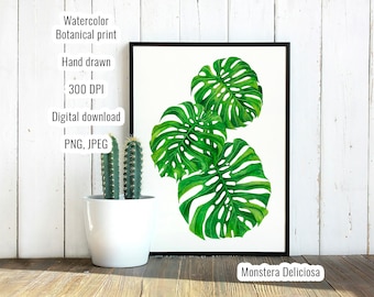 Monstera Deliciosa Art Print- Swiss Cheese Plant Wall Art- Houseplant Poster-  Monstera Watercolor Painting- Digital Download