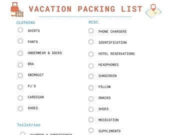 May include: A checklist for packing for a vacation. The checklist is divided into three categories: Clothing, Misc., and Toiletries. Each category has a list of items to pack, with checkboxes next to each item. The checklist is illustrated with a suitcase and a map.