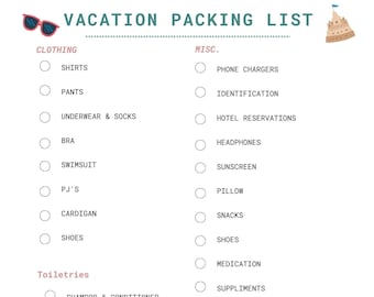 May include: A printable vacation packing list checklist with a cartoon beach scene. The list includes categories for clothing, toiletries, and miscellaneous items.