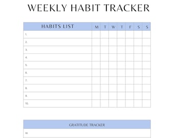 May include: A white weekly habit tracker template with black text and light blue headers. The top section features a grid for ten habits labeled M through S. The bottom section includes a gratitude tracker with lines for each day of the week.