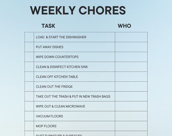 May include: A printable checklist for weekly chores with two columns labeled "Task" and "Who". The tasks include loading and starting the dishwasher, putting away dishes, wiping down countertops, cleaning and disinfecting the kitchen sink, cleaning off the kitchen table, cleaning out the fridge, taking out the trash and putting in new trash bags, wiping out and cleaning the microwave, vacuuming floors, mopping floors, dusting furniture and surfaces, dusting light fixtures, cleaning toilets, wiping down mirrors, cleaning and disinfecting the bathroom sinks, starting, folding, and putting away laundry, creating a menu plan, and creating a shopping list.