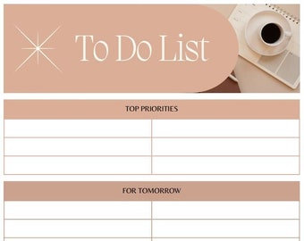 May include: A printable to-do list with sections for top priorities, for tomorrow, don't forget, and today's gratitude. The background is a light peach color with a white starburst in the top left corner.