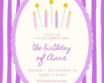 May include: A birthday invitation card featuring a purple and white vertical striped background with a central scalloped oval frame. The design includes illustrations of candles with yellow star toppers and text reading JOIN US IN CELEBRATING the birthday of Anna MONDAY, SEPTEMBER 15 FROM 6-9 PM 123 Anywhere street, Any city.