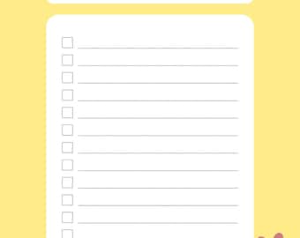 May include: A yellow checklist with a white border and a butterfly illustration. The checklist has 15 blank lines with checkboxes next to each line. The checklist is decorated with a flower illustration at the top and bottom.