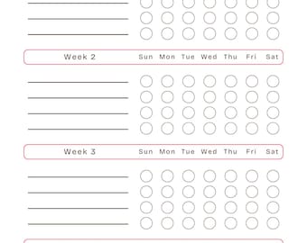 May include: A black and white habit tracker with the words "Take care of your body" and "HABIT TRACKER" at the top. The tracker is divided into four weeks, with each week having seven days of the week listed across the top. Each day has a circle for marking off habits.