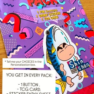 Shin Chan Mystery Pack | | Stickers | Button | Pin | TCG | Card | Collectible | Blind Box | Kawaii Stationery Gift | Anime Collectible