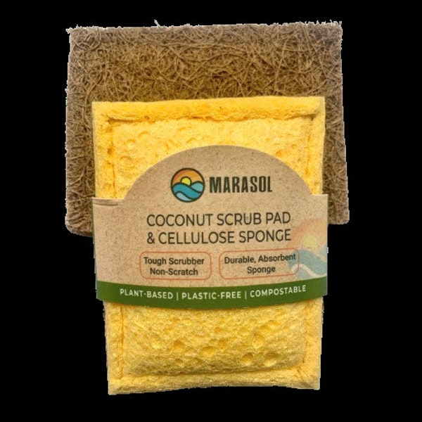 Eco Sponge Scrubber - Cellulose Sponge + Coconut Fiber Scrub Pad, Biodegradable, Plant-based, Plastic-Free