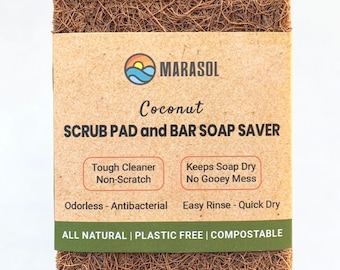 Scrub Pad & Soap Saver Pad - 2, 4, 6 Pack | Coconut Fiber, Compostable | Plastic-Free, | Keep Bar Soap Dry | Tough  Scrubber | Zero-waste