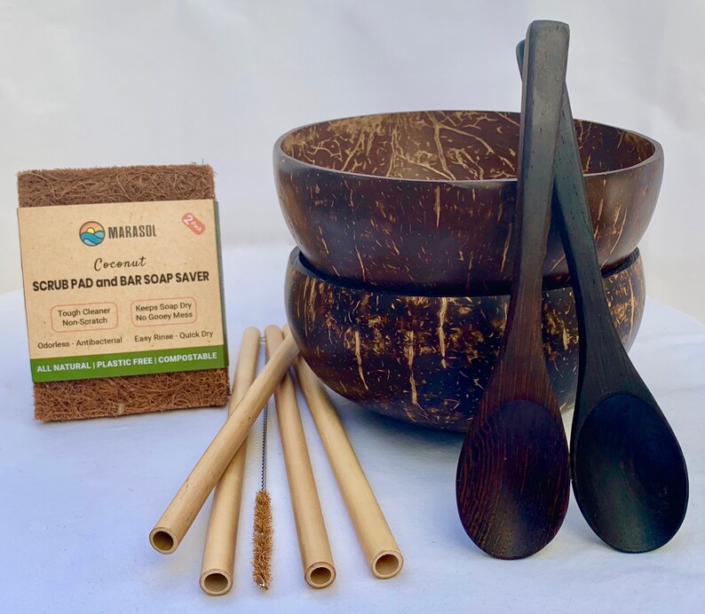 Coconut Bowl Eco Combo Spoons Bamboo Straws Coconut Fiber Etsy