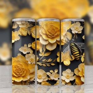 3D Gold Flower Tumbler Wrap, 20oz Sublimation Design Skinny Tumbler, Instant Download, Straight & Tapered Tumbler Wrap, 2D Gold Floral PNG