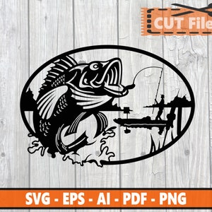 Barsch Angeln Fischhaken Süßwasser Jagd Forellenmaul Kleinmaul gestreift .SVG .PNG Clipart Vektor-Schnitt Cricut, Bass svg, dxf