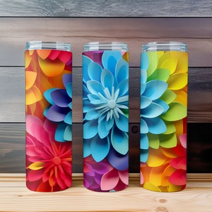 3D Rainbow Colored Flowers - Seamless 20 oz Skinny Tumbler Sublimation Design, Straight & Tapered Tumbler Wrap, Instant Digital Download PNG