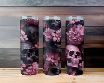 Pink Flowers - Black Skulls Seamless 20 oz Skinny Tumbler Sublimation Design, Straight & Tapered Tumbler Wrap, Instant Digital Download PNG