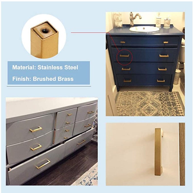 Square Tbar Brushed Brass Handles and Knobs Bathroom Pulls Gold Drawer Pulls Kitchen
