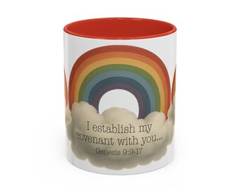 Genesis 9:9-17 Accent Coffee Mug, Noah's Ark, Rainbow Mug, Scripture Mug, Covenant of God Mug, Holy Trinity, Bible Verse Mug, Christian Mugs