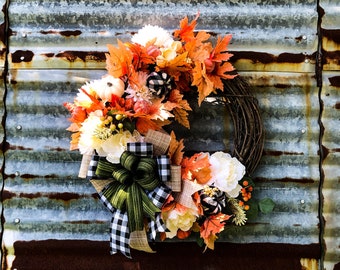 Fall Grapevine Wreath, Buffalo Check Pumpkins, Floral Wreath, Fall Decor, Wall Hanging, Door Hanger, Autumn Decor