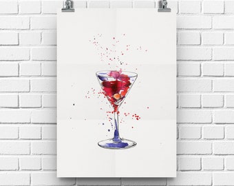 Martini Print Watercolour, Kitchen Prints, Wine Bar Sign, Dining Room Wall Art, Alcohol Poster