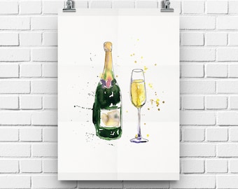 Champagne Wall Art Watercolour, Kitchen Prints, Wine Bar Sign, Dining Room Wall Art, Alcohol Poster