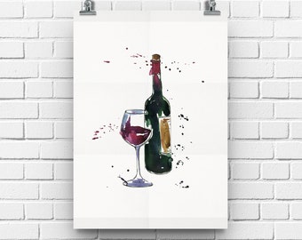 Wine Bottle Watercolour, Kitchen Prints, Wine Bar Sign, Dining Room Wall Art, Alcohol Poster
