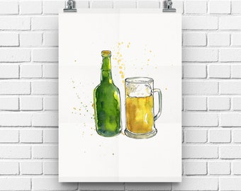 Beer Lover Gifts Watercolour, Man Cave Decor, Kitchen Prints, Wine Bar Sign, Dining Room Wall Art, Alcohol Poster
