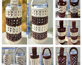 Handcrafted Crocheted Water Bottle Carrier Tote, Earth tone colors