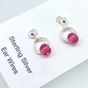 Pink Glass Upcycled Handmade Teeny Tiny Vintage Bead Stud Earrings, Sterling Silver Dangly Dainty Studs, Sustainable Jewellery Gift