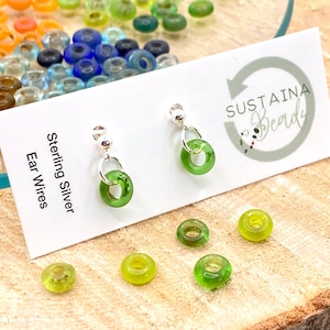 Upcycled Teeny Tiny Green Glass Bead Stud Earrings Reclaimed Vintage Sterling Silver Dangly Dainty Drop Studs Handmade Sustainable Jewellery