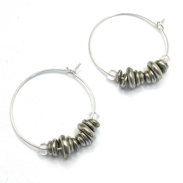 Large Dark Silver Rings Brutalist Style Hoop Earrings, Upcycled Silver Plated Hoops, SustainaBeads Eco Friendly Gift for Women / Girls