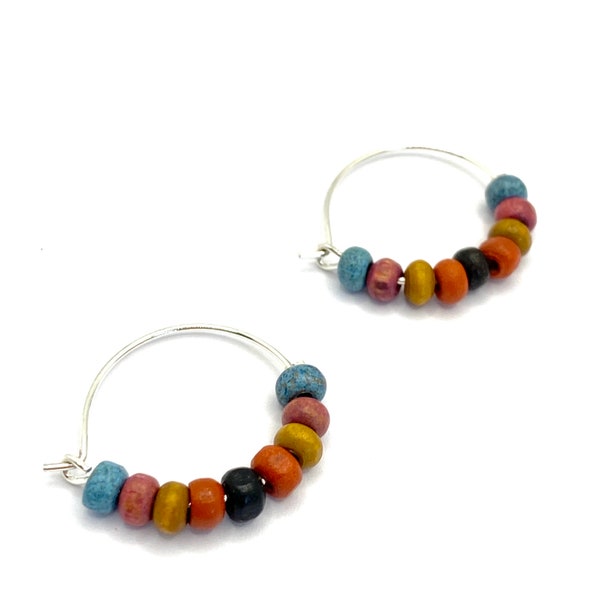 Blue Festival Rainbow Silver Hoop Earrings, Upcycled Vintage Seed Beads Sustainable Jewellery Eco Friendly Boho Summer Holiday Hoops 07