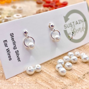 Upcycled Teeny Tiny Sterling Silver White Vintage Vegan Pearl Bead Stud Earrings on Dainty Dangly Studs, Sustainable Jewellery Gift for Her